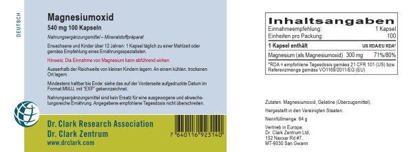 Magnesiumoxid, 540 mg 100 Kapseln